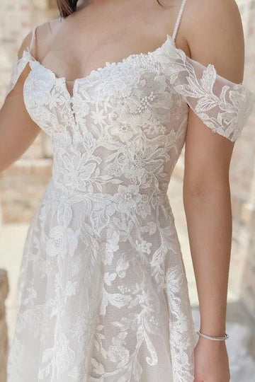 Cold-Shoulder A Line Off White Lace Appliques Long Wedding Dress OK1905