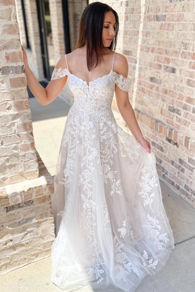 Cold-Shoulder A Line Off White Lace Appliques Long Wedding Dress OK1905