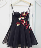 Black Tulle Sweetheart Neck Short Prom Dresses, Flowers Homecoming Dress OKP57