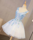 Cute V Neck Lace Applique Short Prom Dress A-line Tulle Homecoming Dress OKY21