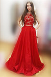 Red Two Pieces Lace Satin A-line Cap Sleeveless Long Party Prom Dress K752
