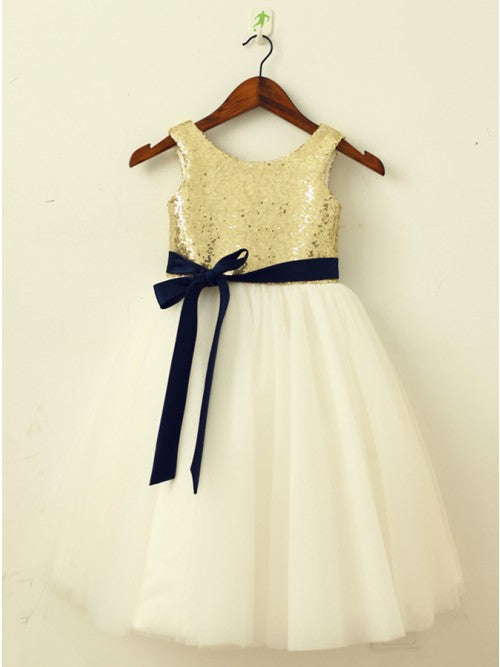 A-Line Round Neck Ivory Flower Girl Dresses with Sequins Sash OKP23