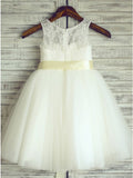 A-Line Round Neck White Flower Girl Dresses with Lace Sash OKP24