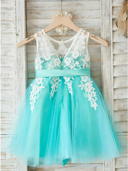 A-Line Round Neck Mint Tulle Flower Girl Dresses with Appliques OKP27