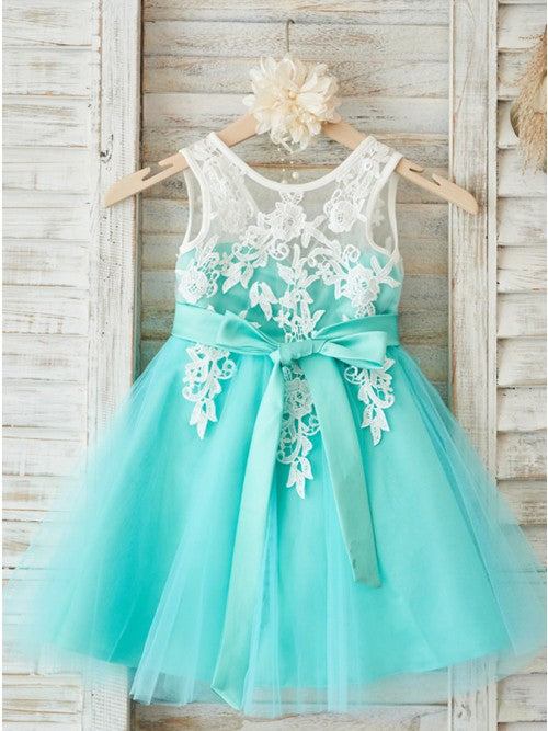 A-Line Round Neck Mint Tulle Flower Girl Dresses with Appliques OKP27