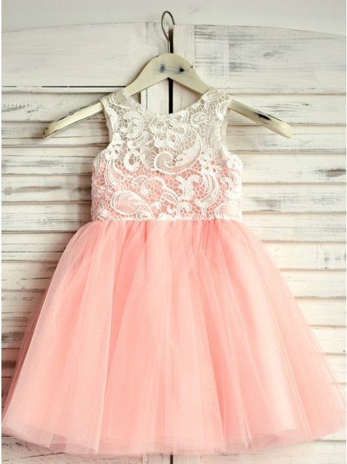 A-Line Round Neck Floor-Length Pink Flower Girl Dresses with Lace OKP19