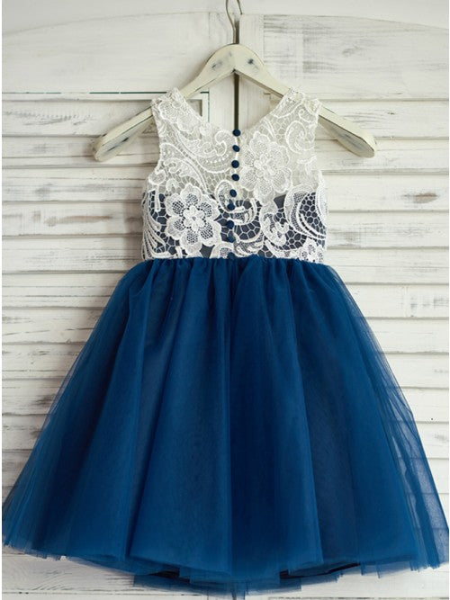 A-Line Round Neck Navy Blue Tulle Flower Girl Dresses with Lace OKP18