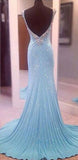 Modest V-Neck Sleeveless Sequins Blue Mermaid Backless Floor-Length Long Prom Dress OK397