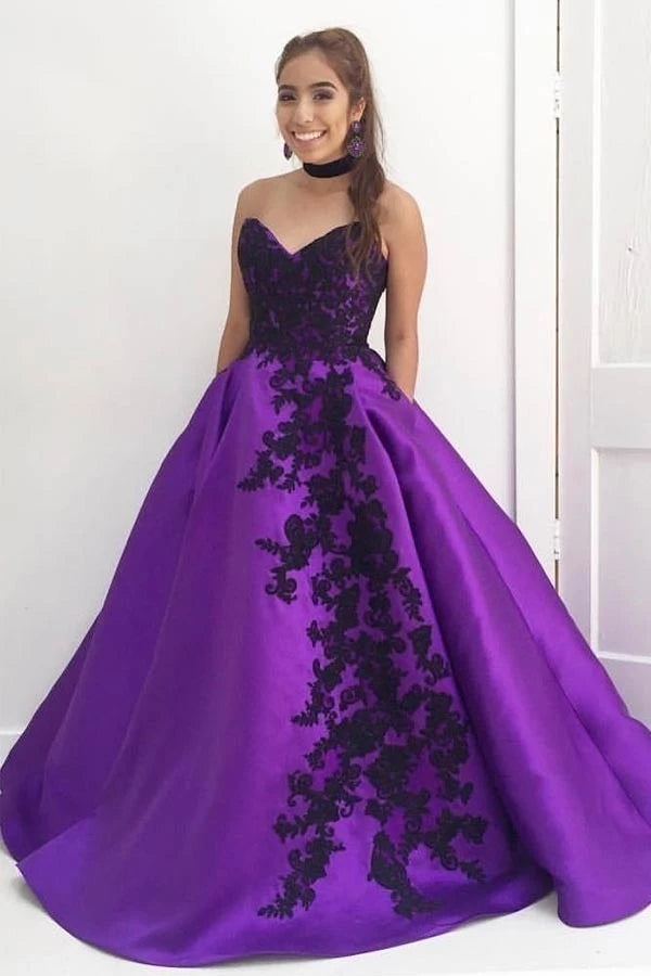 Ball Gown Seetheart Black Lace Appliques Satin Purple Prom Dress with Pockets OKT80