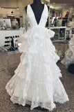 Deep V Neck A-line Lace Wedding Dress Layered Long Bridal Gowns OKX73