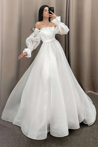 Elegant Off White Strapless Pleated A-Line Wedding Dress with Detachable Sleeves OK1907