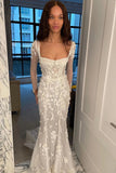 Illusion Mermaid Long Sleeves Tulle Appliques Wedding Dress Bridal Dresses OK1979