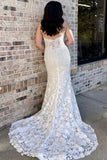 Off White Floral Lace Strapless Mermaid Long Wedding Dress With Brush Train OK1909