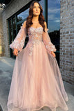 Pink Tulle Strapless Puff Sleeve A-Line Prom Dress Princess Tulle Evening Dress OK1534