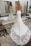 Glamorous Straps V-Neck Backless Lace Mermaid Wedding Dress OKU38