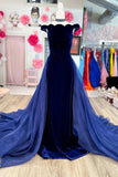 Elegant Navy Velvet Off-the-Shoulder Mermaid Long Prom Gown with Attached Train OK1895