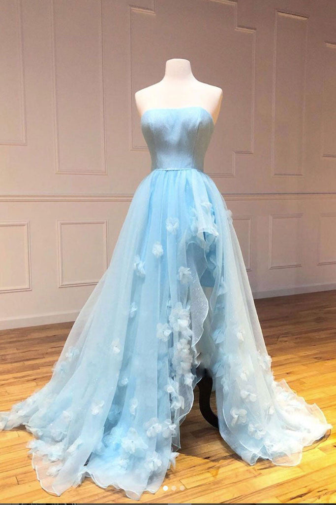 Sky Blue Strapless Tulle Long Prom Dress A-line Evening Dress With Slit OKS623