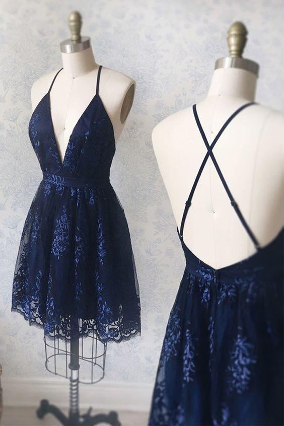 Navy Blue A-line Straps Homecoming Dress with Lace Appliques Cocktail Party Dress OKZ19
