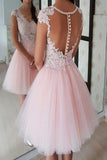 Pink V Neck Lace Appliques Homecoming Dresses, A-Line Short Prom Dress OKO69