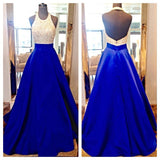 High Neck Royal Blue Long Prom Dress,Bodice Beads Evening Prom Dress Ball Gown OKE60