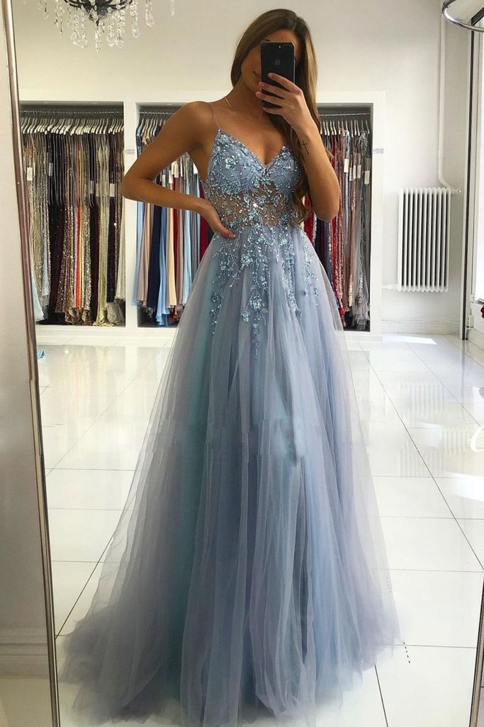 Gray Blue V Neck Tulle Beads Long Prom Dress A-line Appliques Formal Evening Dress OKY10