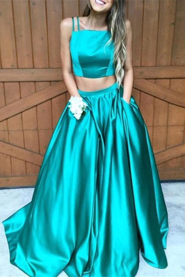 Plus Size Two Pieces Green Satin Long A-line Cheap Simple Modest Prom Dress For Teens K764
