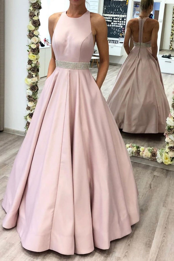 A-line Pink Beading Satin Long Prom Dress With Pockets OKS61