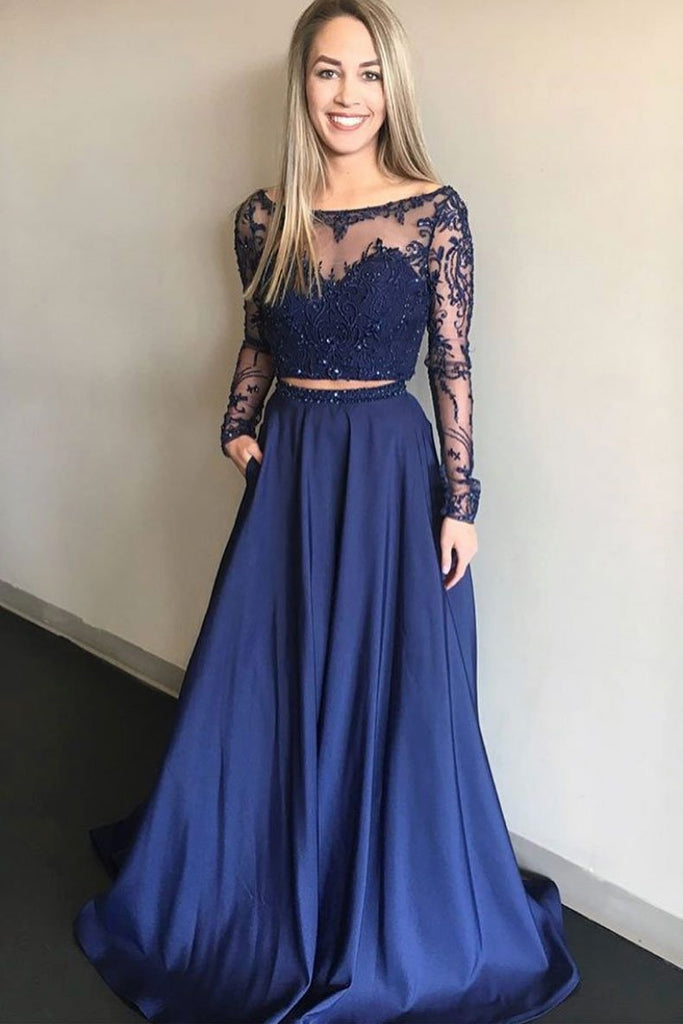 Royal Blue Two Pieces A Line Long Sleeves Appliques Prom Dresses With Pockets OKP77
