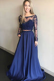 Royal Blue Two Pieces A Line Long Sleeves Appliques Prom Dresses With Pockets OKP77