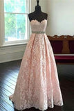 Sweetheart Lace Beading Long A-line Pink Handmade Cheap Prom Dress K691