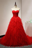 Red Sweetheart Lace Up Long Sweep Train Cheap A-line Prom Dress K700