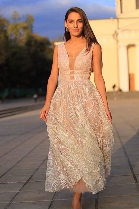 A Line Lace V Neck Long Prom Dress Sleeveless Formal Evening Dress OK1604