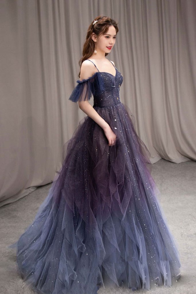 Dark Purple Sweetheart Neck Tulle Long Prom Dress A-line Ruffles Formal Dress OK1162