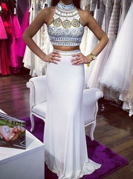 White Halter Beaded Two Pieces Long Mermaid Prom Dress K714
