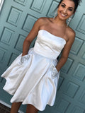 Simple A Line Strapless Short Homecoming Dresses with Pockets OKO4