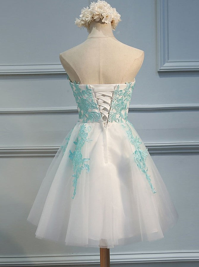 A Line Sweetheart Short White Tulle Homecoming Dress with Lace Appliques OK431
