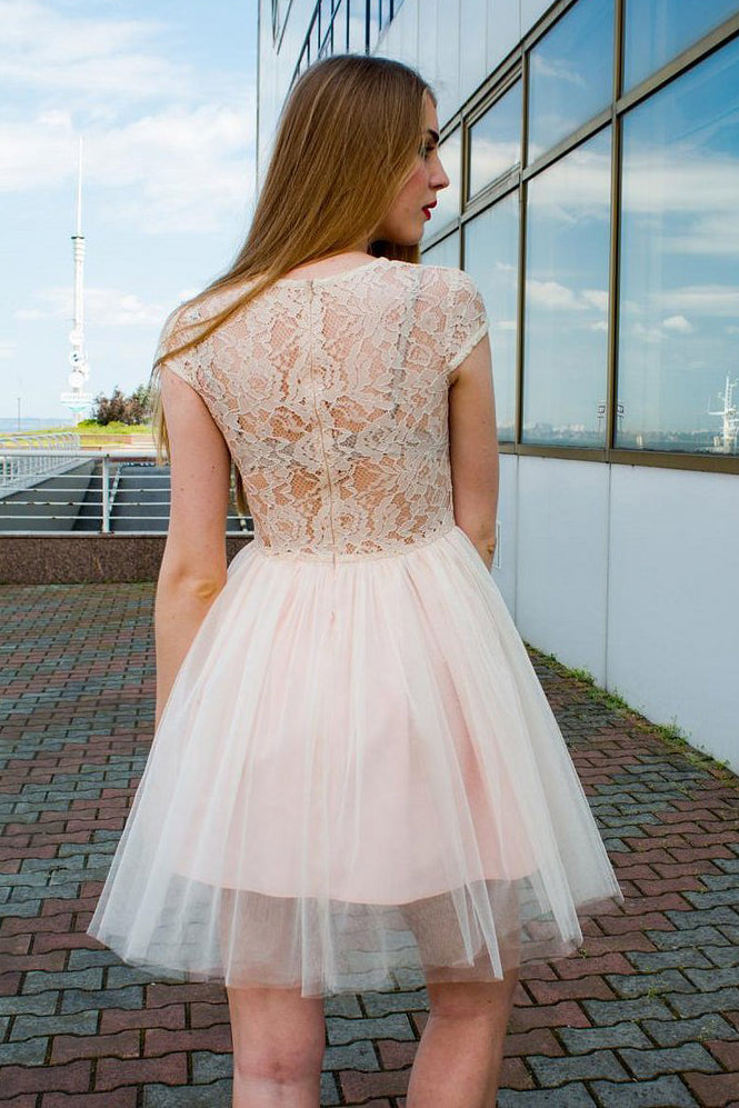 Jewel Neck Lace Top Tulle Cap Sleeves Homecoming Dresses OKN38