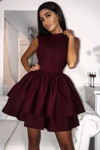 Cute Burgundy High Neck Short Homecoming Dress With Tiered Skirt OKM44