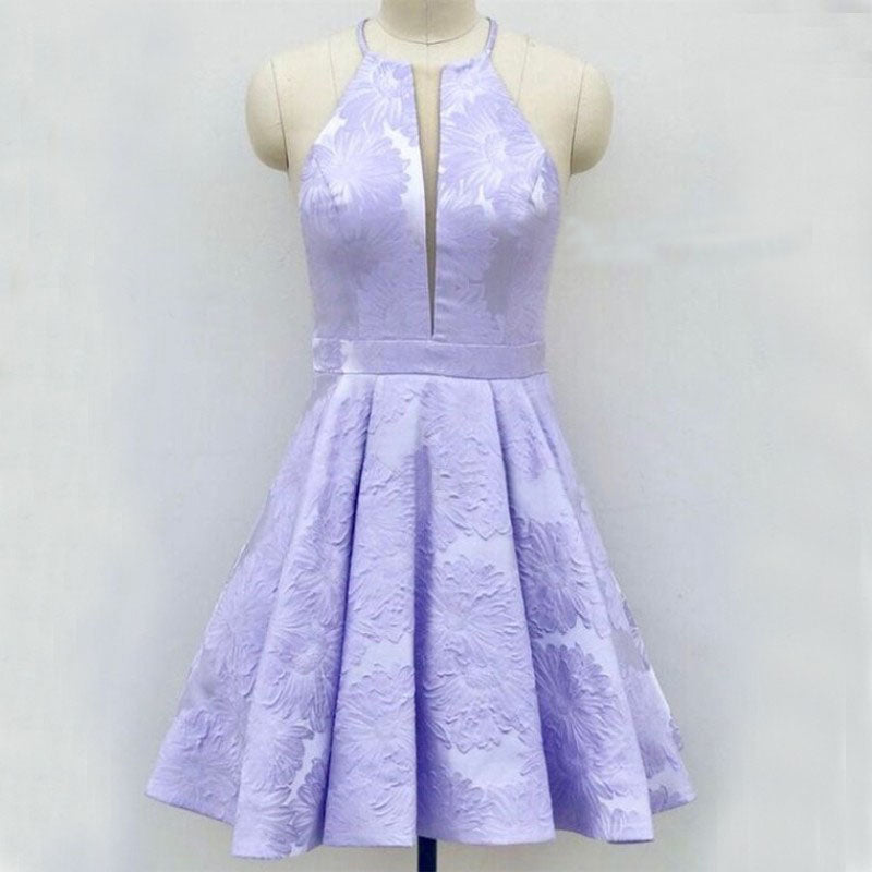 A-Line Above-Knee Lilac Satin Printed Homecoming Dresses with Pockets OKM15
