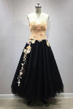 A Line Tulle Lace Appliqued Long Black Prom Dresses OKO52