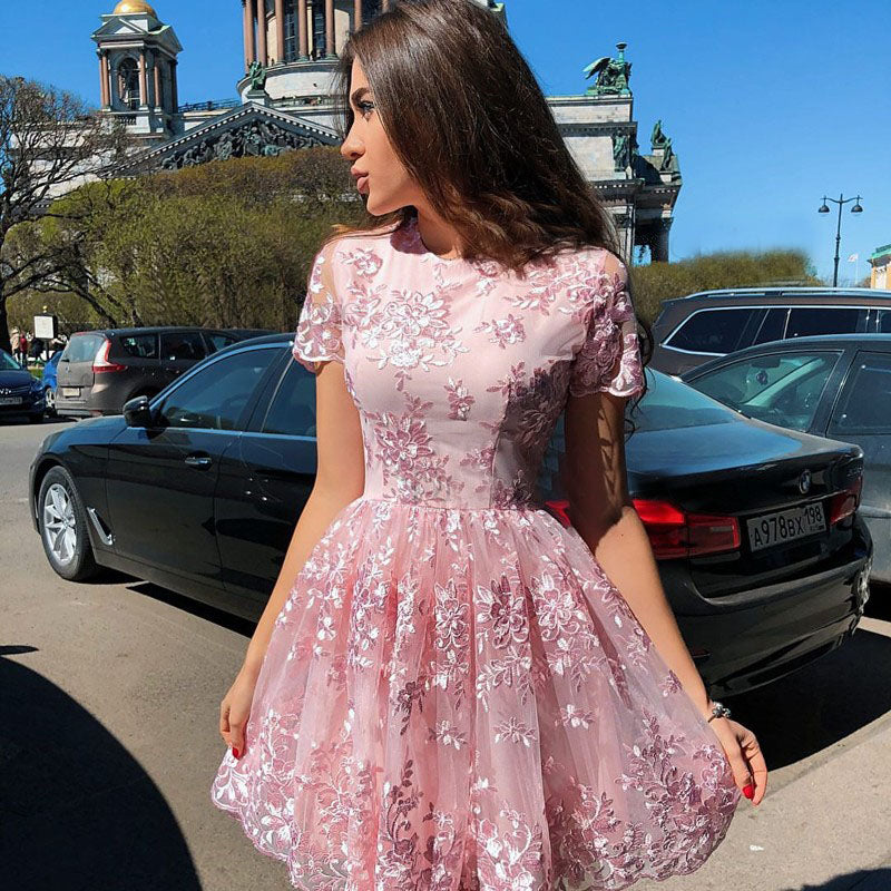 A-Line Short Sleeves Short Pink Homecoming Dresses with Lace Appliques OKM20