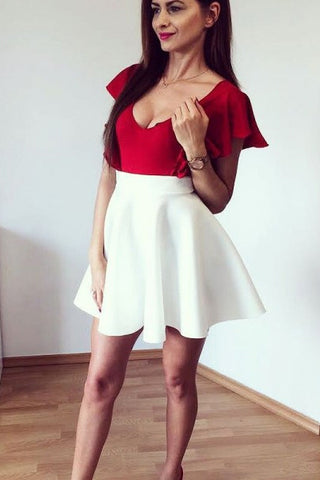 Deep V Neck Sleeveless Off White Satin Short Homecoming Dress With Red Top OKD42