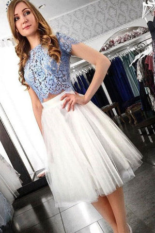 2 Piece Blue Lace Top Short Sleeves Tulle Homecoming Dresses OKD38
