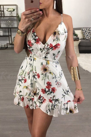 Sexy A Line Spaghetti Straps Short Floral Homecoming Dress with Ruffles OKD37