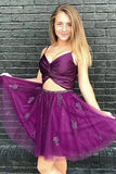 Spaghetti Straps Two Piece Purple Homecoming Dresses with Beading OKO32