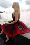 Cap Sleeves Black Lace Appliques Red Homecoming Dresses OKO31