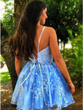 A Line Spaghetti Straps Blue Homecoming Dresses With Appliques OKO35