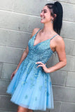 Modest A-Line Blue V-neck Homecoming Dresses with Appliques OKO37