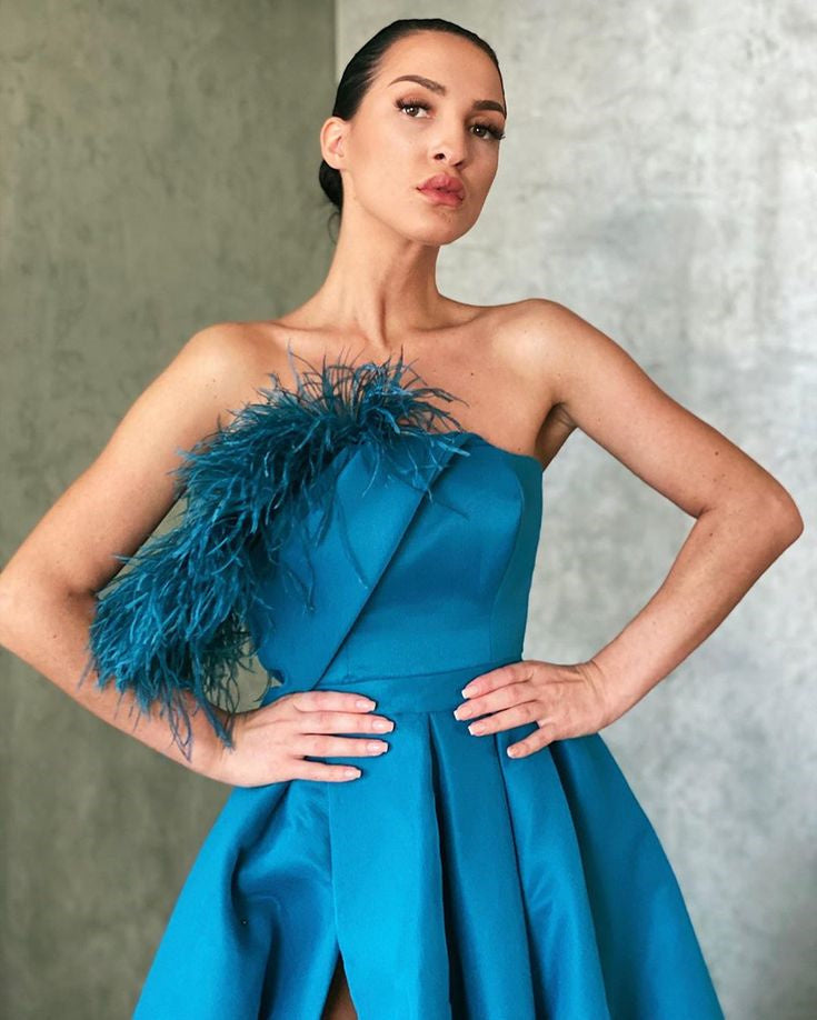 A Line Peacock Blue Satin Long Prom Dresses, Strapless Formal Evening Dresses OK1959