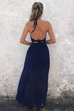 A-Line Halter Floor-Length Backless Navy Blue Chiffon Prom Dresses OK811